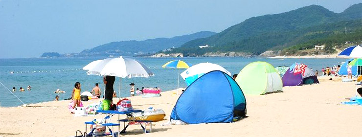 琴引浜で海水浴をする人たち